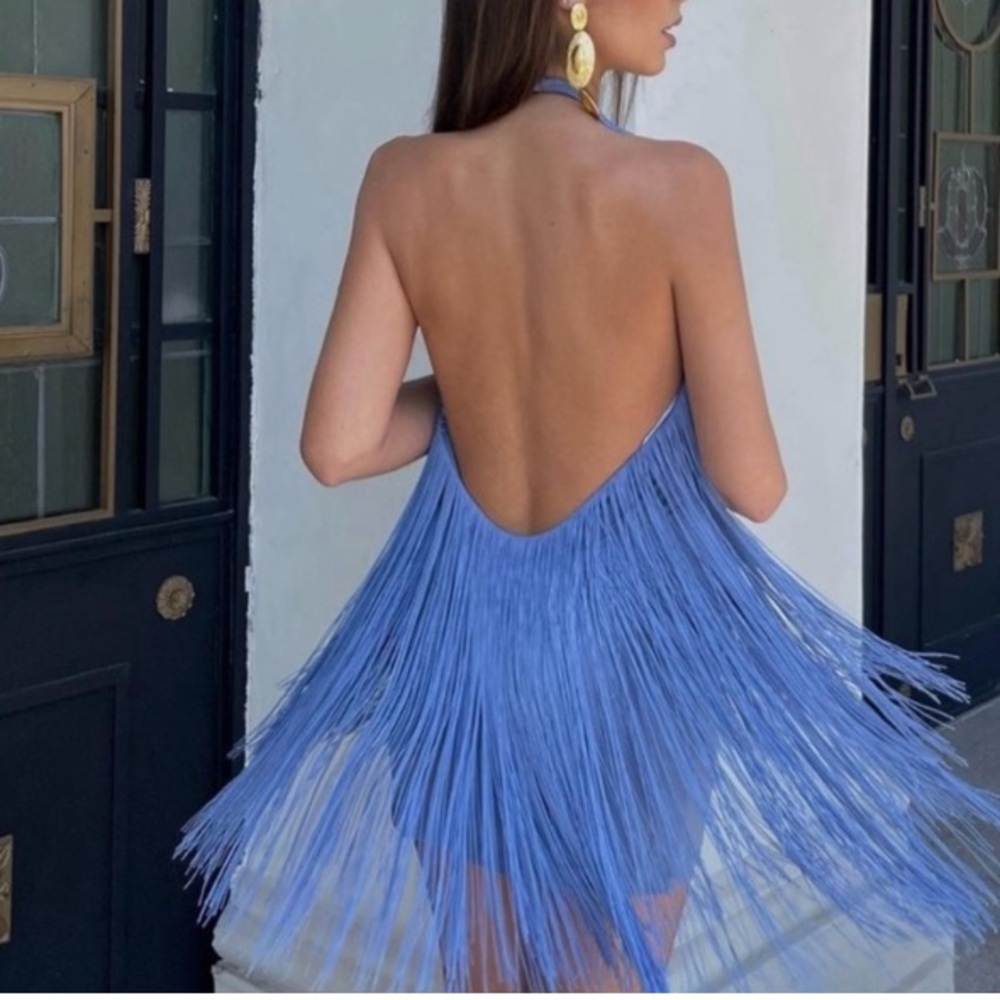 ZARA Blue Fringe Halter Mini Dress NWT - Picture 6 of 15